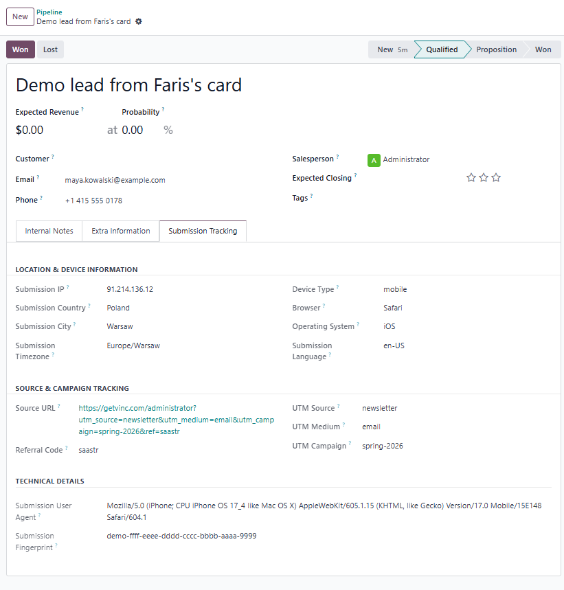 The Submission Tracking tab on a captured lead's form view