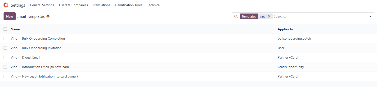The Settings → Technical → Email Templates list filtered to the addon's prefix, showing all 5 templates