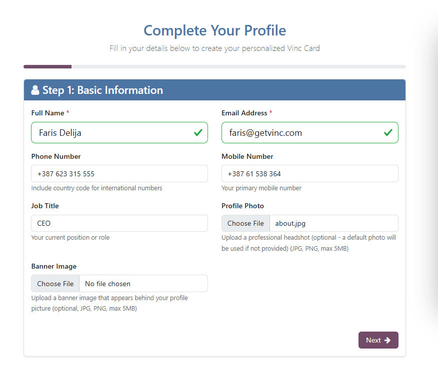 The profile-photo, banner, and color-picker section of the /get-started form